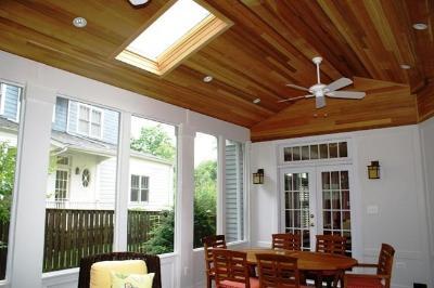 Three season room with cedar ceiling and slate floor