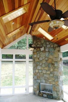Porch with Cedar Ceiling and Stone Fireplace